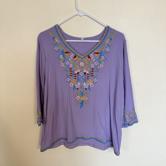 Bohemian Lavender Embroidered Top Blouse Womens Large Purple V Neck Rayon - Picture 7 of 9